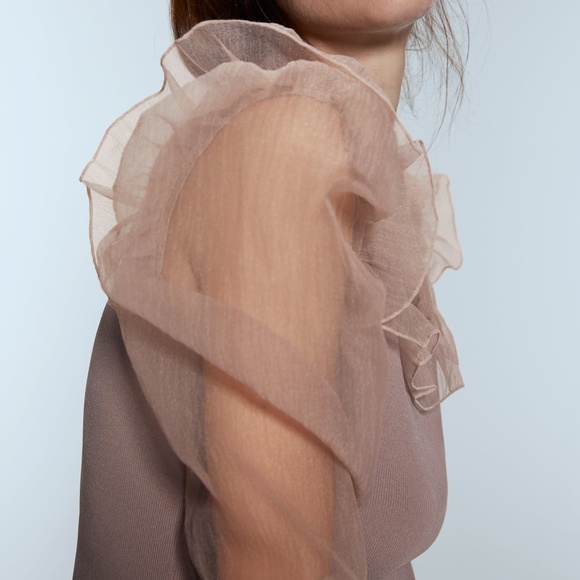 ZARA DUSTY PINK KNIT BANDAGE CHIFFON RUFFLE ORGANZA LONG SLEEVE TOP BLOUSE $69.9 - Picture 8 of 9